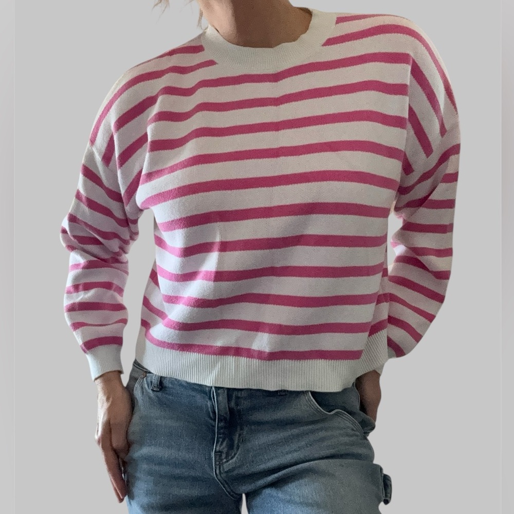 Vigoss Crew Neck Sweater, 100% Cotton, Women’s Medium, Pink& White Stripes